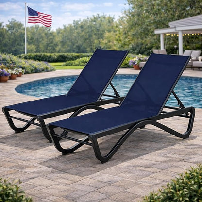 Kozyard Outdoor Chaise Lounge Chair, Full Aluminum Frame and Textilene Fabric, Adjustable Reclining Patio Lounger for Poolside, Sunbathing & Backyard (NavyBlue, 2Chairs)