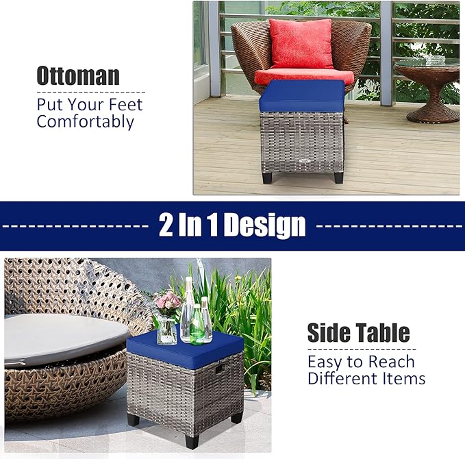 Tangkula 2 Pieces Patio Rattan Ottomans, Outdoor Wicker Footstool Footrest Seat with Soft Cushions and Steel Frame - Photo 8