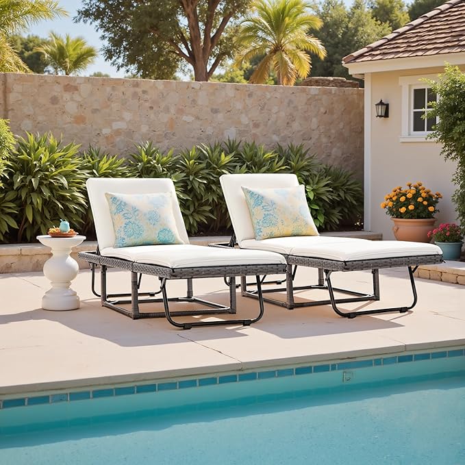 Devoko Lounge Chair Foldable Rattan Chaise Lounge 2-Pack, 5-Angle Adjustable Backrest Patio Chairs for Beach, Patio, Poolside (White)