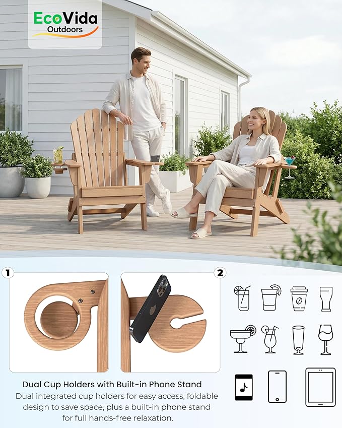 Oversized Adirondack Chair with Dual Cup Holders, Ergonomic High Back HDPE Fire Pit Chair, 380lbs Capacity All-Weather Outdoor Patio Lounge Chair for Garden, Deck, Yard - Cedar
