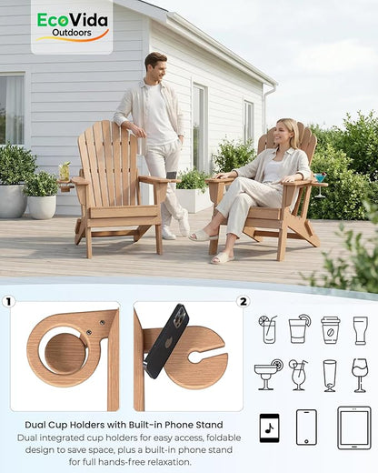 Oversized Adirondack Chair with Dual Cup Holders, Ergonomic High Back HDPE Fire Pit Chair, 380lbs Capacity All-Weather Outdoor Patio Lounge Chair for Garden, Deck, Yard - Cedar