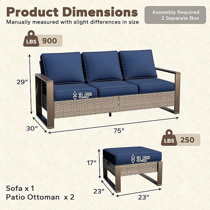 Wicker Patio 75" Sofa Set with Two Ottomans, All Weather Rattan Outdoor Conversation Furniture Set with Wood-Looking Metal Armrest for Deck Backyard Porch, Dark Blue
