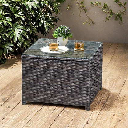 ovios Outdoor Side Table with Tempered Glass Top, Patio Wicker Coffee Table, Rattan Bistro End Table for Porch Deck Balcony Garden Poolside, Brown