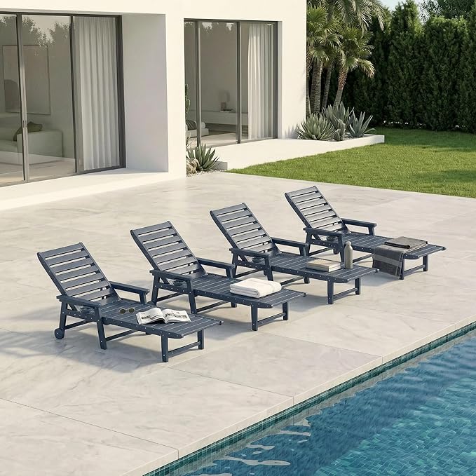 5-Position Adjustable Lounge Chair Outdoor Set of 4, HDPE Outdoor Chaise Lounge with Cup Holder & Wheels, Pool Lounge Chairs for Poolside, Beach, Deck, Navy Blue