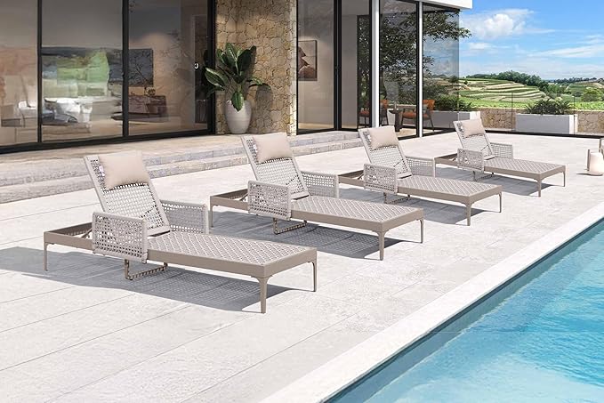 PURPLE LEAF 4 Pieces Outdoor Chaise Lounge Set Rattan Wicker Lounger with Arms Poolside Furniture Adjustable Recliners Patio Lounge Chairs for Beach Yard Garden Balcony, Champagne