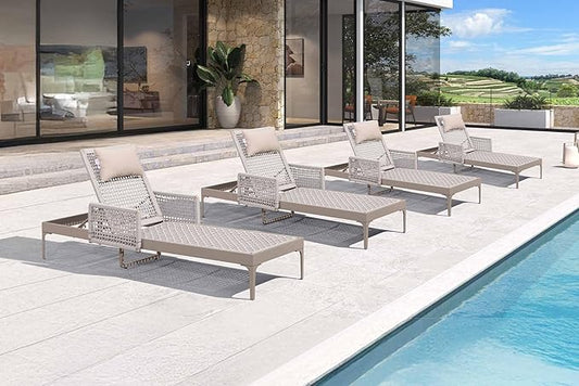 PURPLE LEAF 4 Pieces Outdoor Chaise Lounge Set Rattan Wicker Lounger with Arms Poolside Furniture Adjustable Recliners Patio Lounge Chairs for Beach Yard Garden Balcony, Champagne