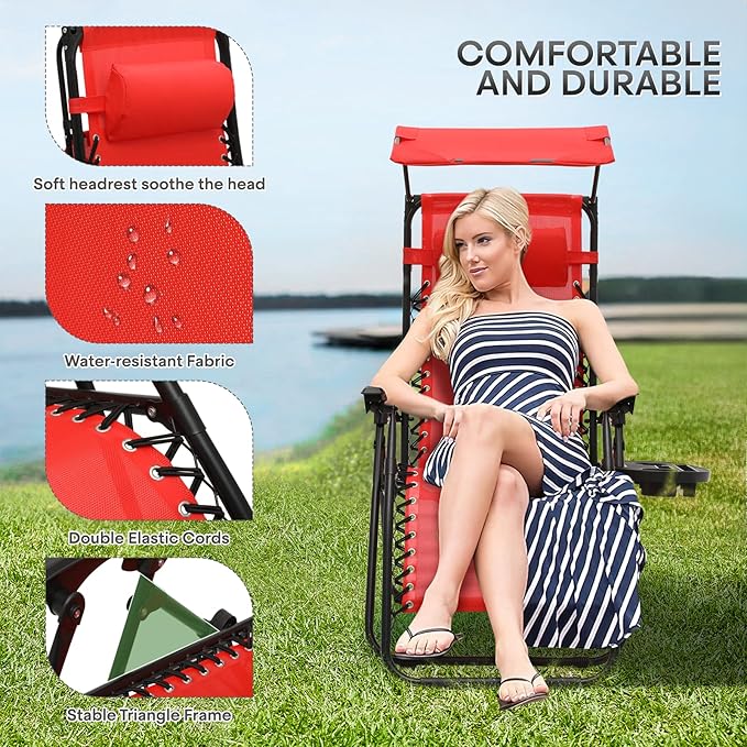 Athena Collection Patio Chairs Set of 2 Reclining Lounge Chair with Cup Holder and Pillow Fabric Camping Chairs with Canopy Foldable Beach Chairs for Garden, Park, Deck, Yard, Poolside, Red