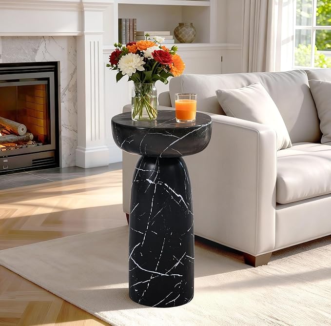 Marble Side Table, 24" Modern Accent Table with Pedestal Stand, Durable Faux Marble Side Table for Small Spaces - Photo 6