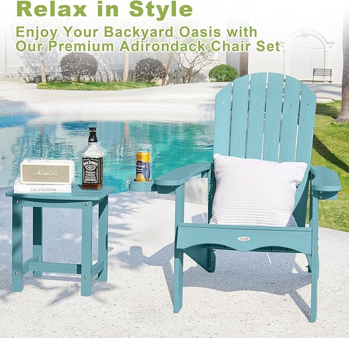 Y&M Adirondack Chair, Light Blue Fire Pit Chairs, Outdoor Patio Chairs with Cup Holder, Weather Resistant HDPE Wooden Textured Patio Chairs, Perfect for Garden, Lawn, Deck, or Poolside