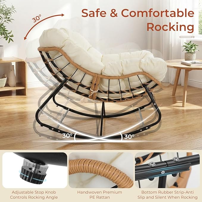 TLSUNNY Outdoor Papasan Rocking Chair, Oversized Padded Lounge Rocker with Cushion, Comfy Wicker Egg Lounge Chair, Large Indoor Rocking Recliner for Living Room/Porch/Garden (Beige)