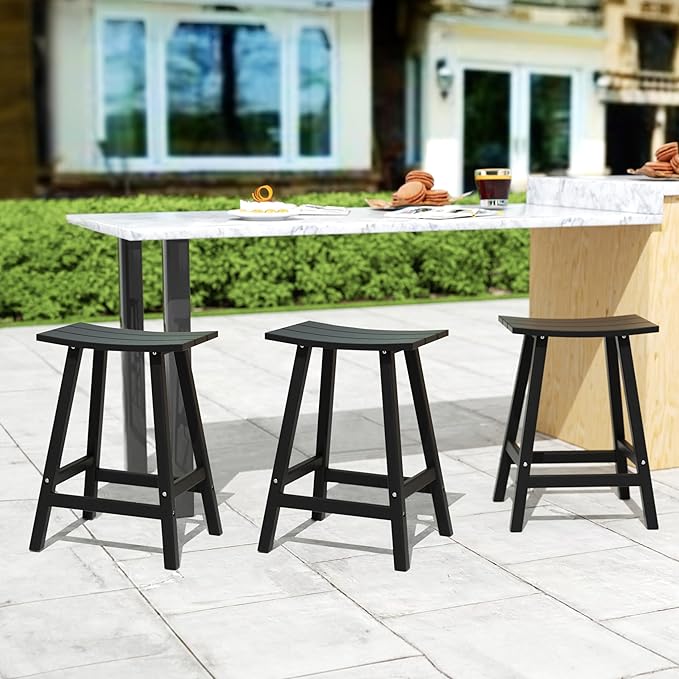 Costaelm All-Weather Bar Stools Set of 3, 24" Height Outdoor Bar Stools, Adirondack Poly Patio Bar Stool for Patio, Deck, Kitchen Counter and Garden, Black