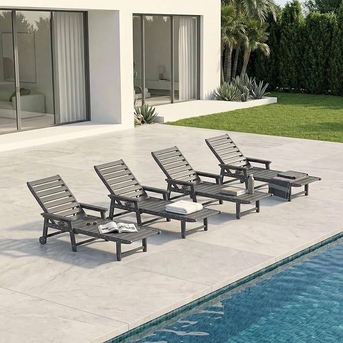 5-Position Adjustable Lounge Chair Outdoor Set of 4, HDPE Outdoor Chaise Lounge with Cup Holder & Wheels, Pool Lounge Chairs for Poolside, Beach, Deck, Grey