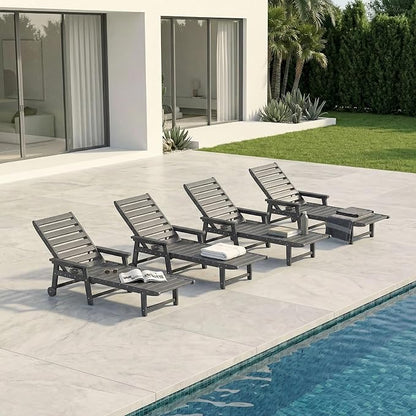 5-Position Adjustable Lounge Chair Outdoor Set of 4, HDPE Outdoor Chaise Lounge with Cup Holder & Wheels, Pool Lounge Chairs for Poolside, Beach, Deck, Grey