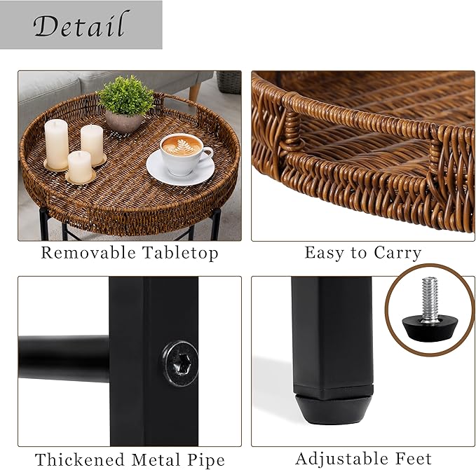 Brown Small Round End Table, 19in Rattan End Tables, Wicker Rattan Side Table, Round Sofa Side Table - Photo 4