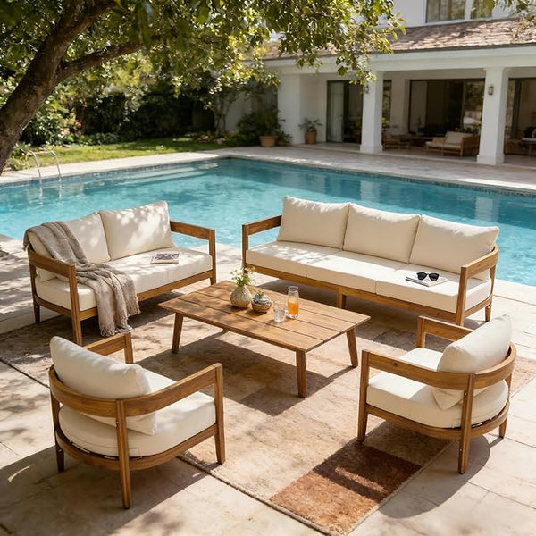 Merax 5pcs Outdoor Acacia Wood Conversation Set with 2 Chais, Loveseat, 3-Seater Sofa and Coffe Table - Photo 1