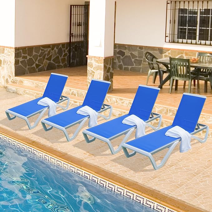 Domi Outdoor Lounge Chairs Set of 4, Aluminum Lounge Chairs for Outside with 5 Position Adjustable Backrest, Outdoor Chaise Lounge for Beach, Yard, Balcony, Poolside, Blue