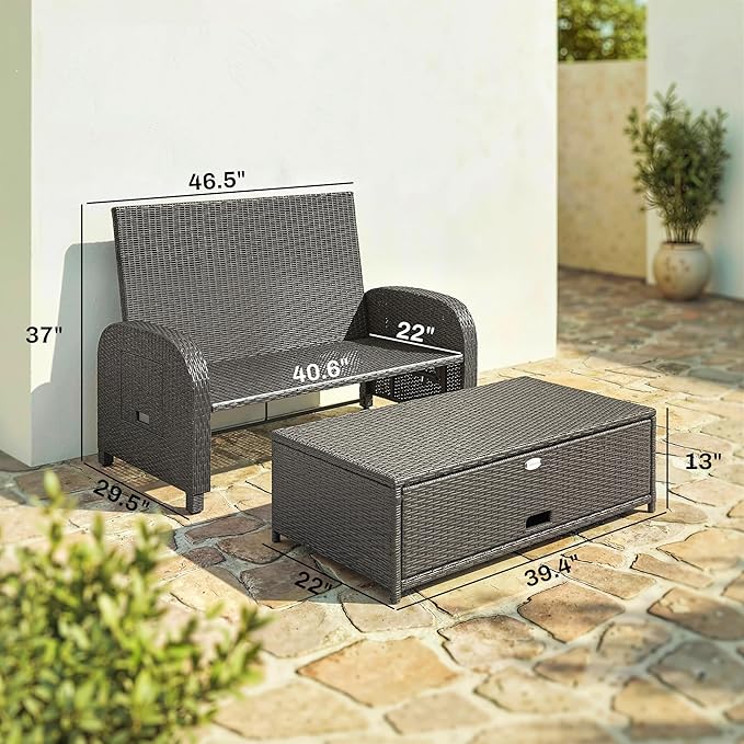 Outsunny Patio Rattan Daybed, Wicker Outdoor Daybed with Storage Ottoman, Loveseat Sofa with Adjustable Backrest, Side Tables, Cushions, Headrests, Double Sunbed Lounger for Balcony, Navy Blue