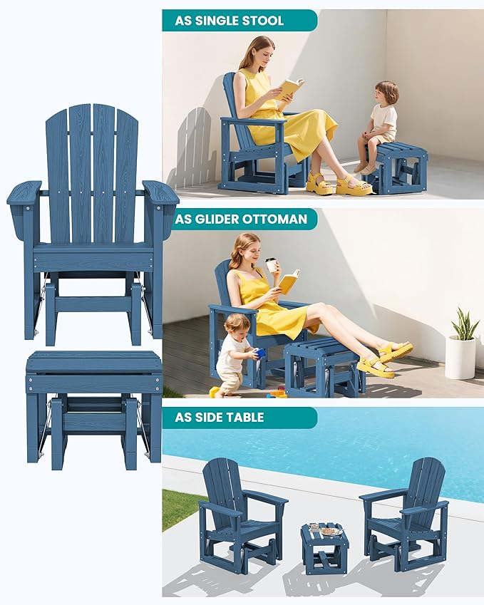 SERWALL Outdoor Glider Chair with Ottoman, HDPE Wood-Like Patio Glider Set All-Weather Porch Glider for Outside, Blue - Photo 5