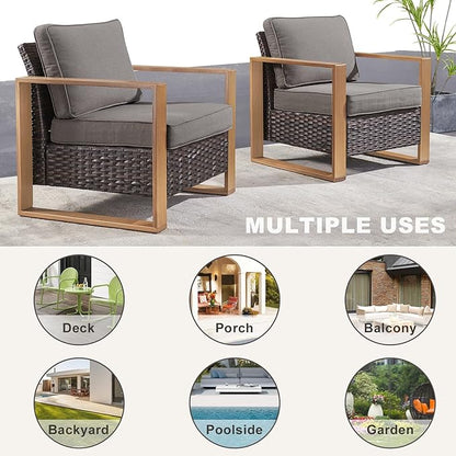 Rilyson Outdoor Wicker Patio Furniture Set - 4 Piece Patio Conversation Set with 2 Wicker Armrest Chairs,2 Rattan Ottoman, Sturdy Frame, Thick Cushions, Deep Seating(Brown/Grey)
