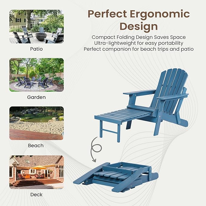 Oversized Folding Adirondack Chair with Retractable Ottoman - Solid Wood Outdoor Lounge Chair for Patio Garden Backyard Porch, Weather-Resistant & Pre-Assembled, Blue