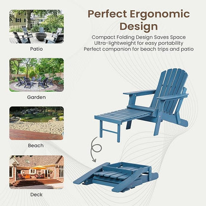 Oversized Folding Adirondack Chair with Retractable Ottoman - Solid Wood Outdoor Lounge Chair for Patio Garden Backyard Porch, Weather-Resistant & Pre-Assembled, Blue