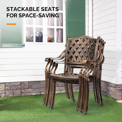 VINGLI Patio Chairs Set of 4- Stackable Outdoor Cast Aluminum Dining Chairs with Vintage Bronze Finish and Diamond Pattern, Metal Armchairs for Poolside, Backyard, Balcony (with Cushion)