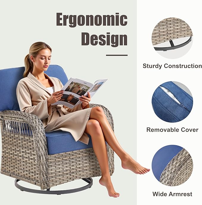 5 Pieces Patio Furniture Set, All Weather Wicker Swivel Rocker Patio Chairs with Ottomans Rattan Side Table - Photo 5