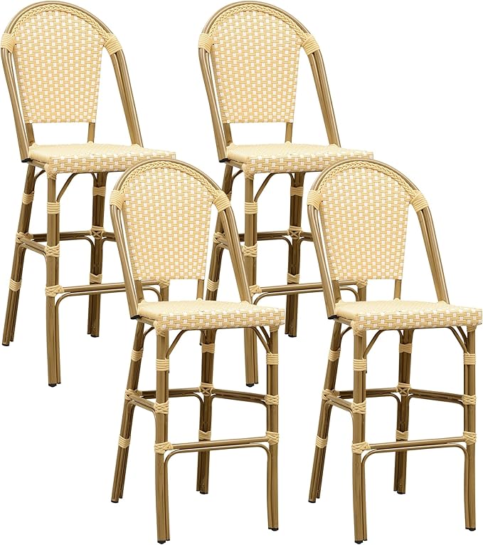 PURPLE LEAF French Bar Stool Set of 4 Bamboo Print Finish Patio Bar Stools with Back Rattan Bar Chairs Wicker Bar Height Stool 30" with Footrest Kitchen Island Stools Outdoor Barstool Cream Yellow