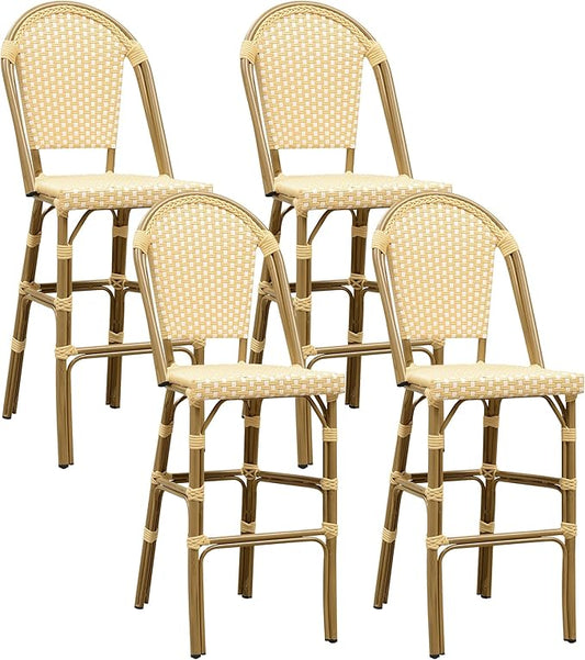 PURPLE LEAF French Bar Stool Set of 4 Bamboo Print Finish Patio Bar Stools with Back Rattan Bar Chairs Wicker Bar Height Stool 30" with Footrest Kitchen Island Stools Outdoor Barstool Cream Yellow