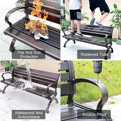 Garden Bench, Outdoor Benches, with Anti-Rust Metal Powder Coated Frame, Patio Bench for Front Porch Park Outside Furniture Decor