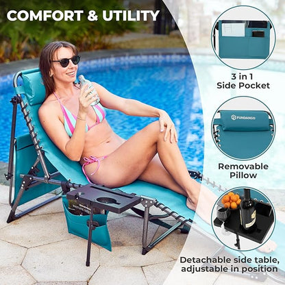 FUNDANGO 4 in 1 Tanning Chair with Face Hole, Beach Lounge Chair w/Canopy Shade & Side Table Chaise Lounge Chairs for Patio, Pool, Lawn, Sunbathing, 5-Position Adjustable Sun Lounger, Set of 2 Cyan