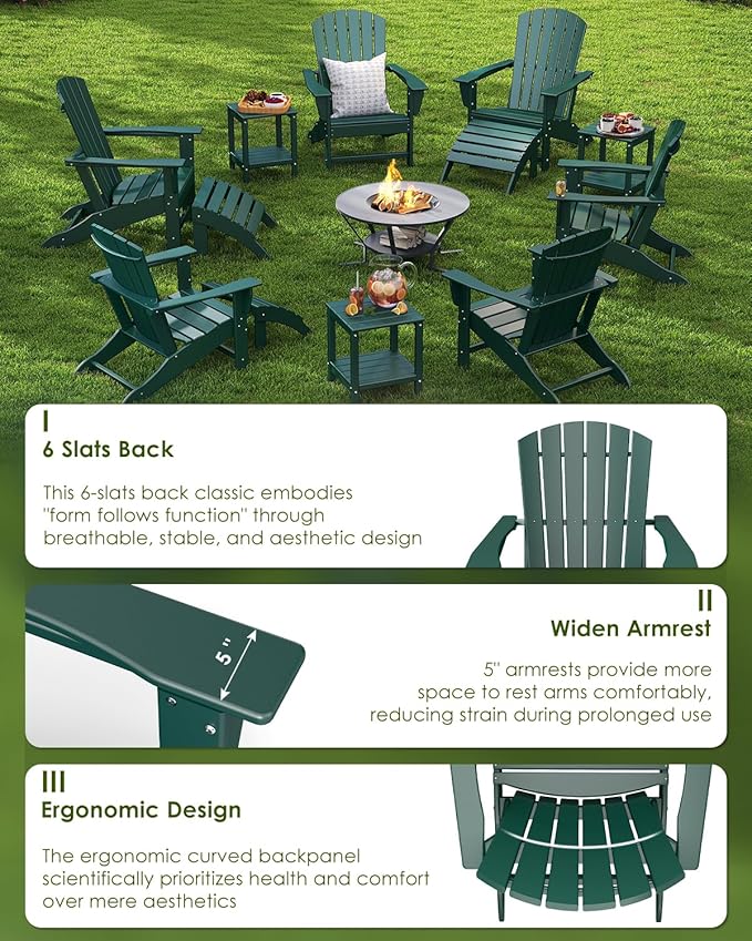 GREENVINES Adirondack Chairs Set of 6 | HDPE Plastic | All Weather | Oversized Fire Pit Chair | Forest | Poly Lumber | for Outdoor Deck Backyard Patio Garden