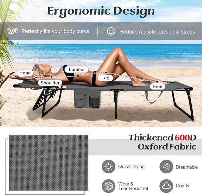 GYMAX Tanning Chair, Folding Lounger with Face/Arm Holes, Carry Handles & Side Pocket - Photo 5
