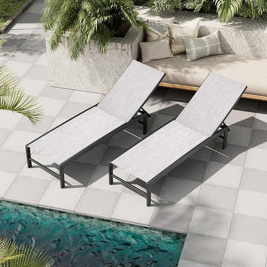 Crestlive Products Chaise Lounge Chair Outdoor Set of 2, Adjustable 5 Positions Pool Tanning Recliner, Outdoor Lounge Furniture Perfect for Patio, Beach, Yard, Pool