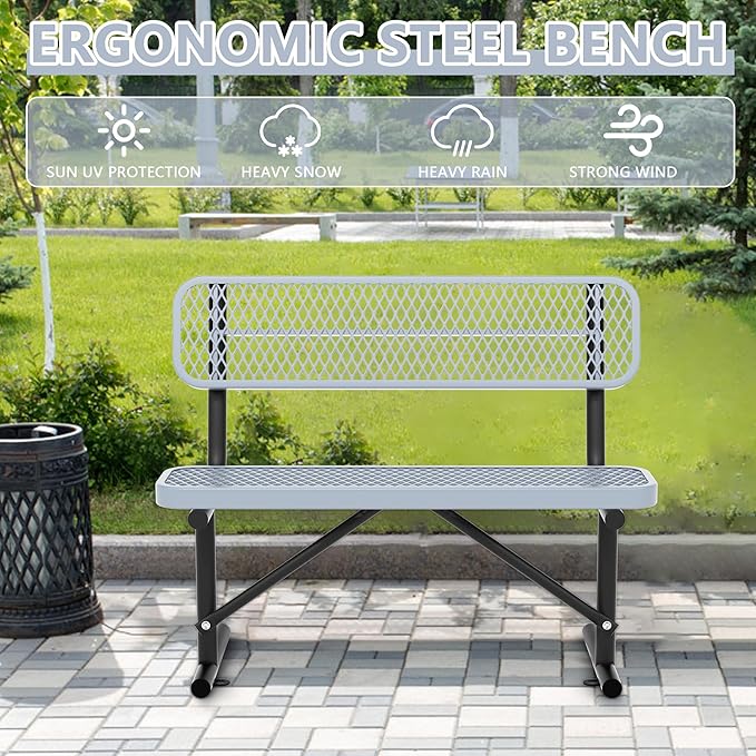 48" Metal Park Benches for Outside - Gray Outdoor Benches Heavy Duty Garden Weatherproof Bench with Backrest, Buddy Bench for Schools,Commercial Benches for Shopping Mall, Store, Yard, Patio