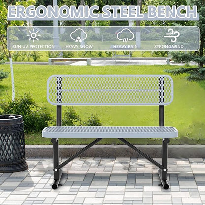 48" Metal Park Benches for Outside - Gray Outdoor Benches Heavy Duty Garden Weatherproof Bench with Backrest, Buddy Bench for Schools,Commercial Benches for Shopping Mall, Store, Yard, Patio