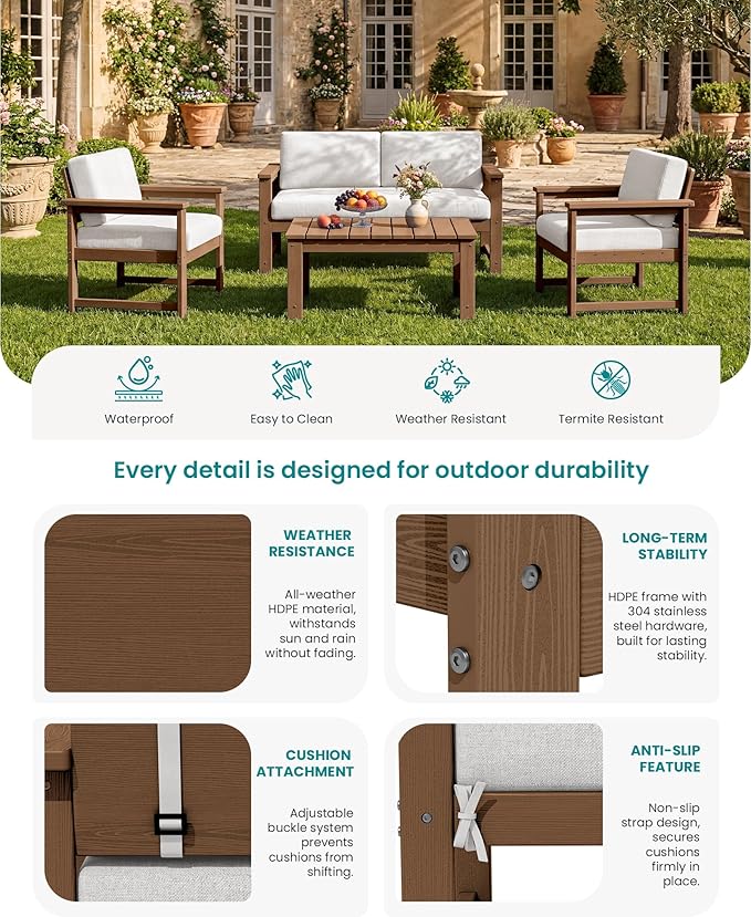 SERWALL HDPE Outdoor Loveseat with Cushions, All Weather Use Outdoor Loveseat Sofa, Brown Frame/Khaki Cushion - Photo 3