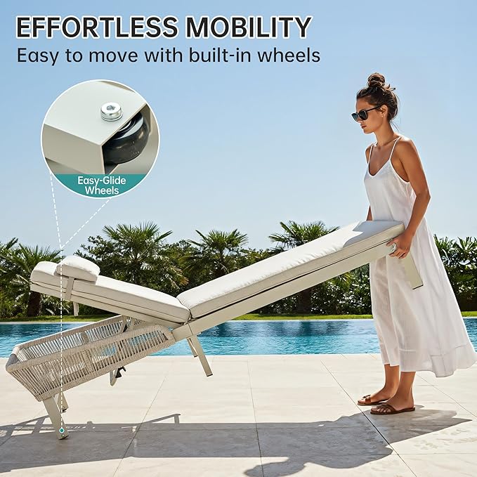 Aluminum Outdoor Lounge Chaise Chair with 2" Thick Cushion & Pillow, 5-Position Adjustable Patio Chaise Lounge with Wheels, 350lbs Capacity Pool Sun Lounge for Deck, Backyard, Beach (1 Chair)