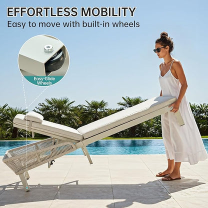 Aluminum Outdoor Lounge Chaise Chair with 2" Thick Cushion & Pillow, 5-Position Adjustable Patio Chaise Lounge with Wheels, 350lbs Capacity Pool Sun Lounge for Deck, Backyard, Beach (1 Chair)