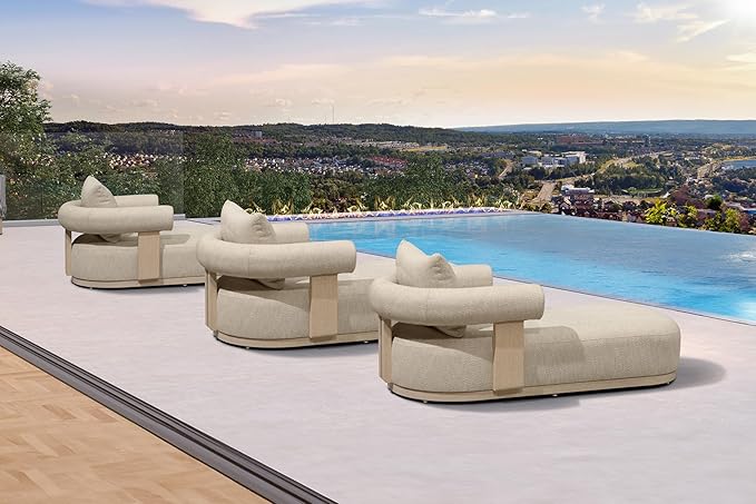 PURPLE LEAF Outdoor Chaise Lounge Set of 3 Chair Modern Aluminum Lounger Daybed with Lumbar Pillow and Armrest for Patio Poolside Beach Sunbathing Deck, Cream
