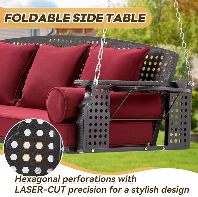 3 Seat Porch Swing, Patio Swing Bench with Cup Holders & 3 Back Cushions - Photo 5