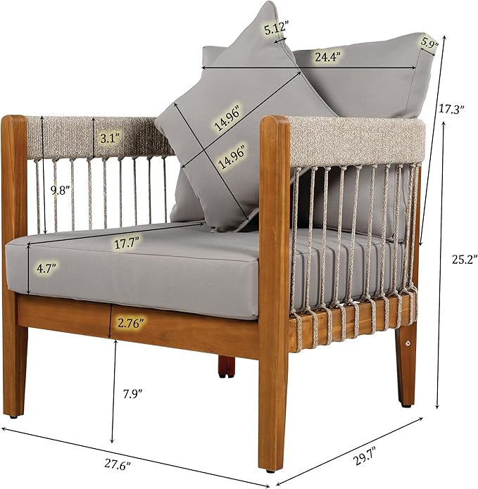 Christopher Knight Home Vinny Acacia Wood Patio Accent Chair, Wooden Lounge Chair Outdoor, Garden/Poolside Comfy Reading Chair with Handwoven Rope Accents and Removable Cushions, Natural+Grey