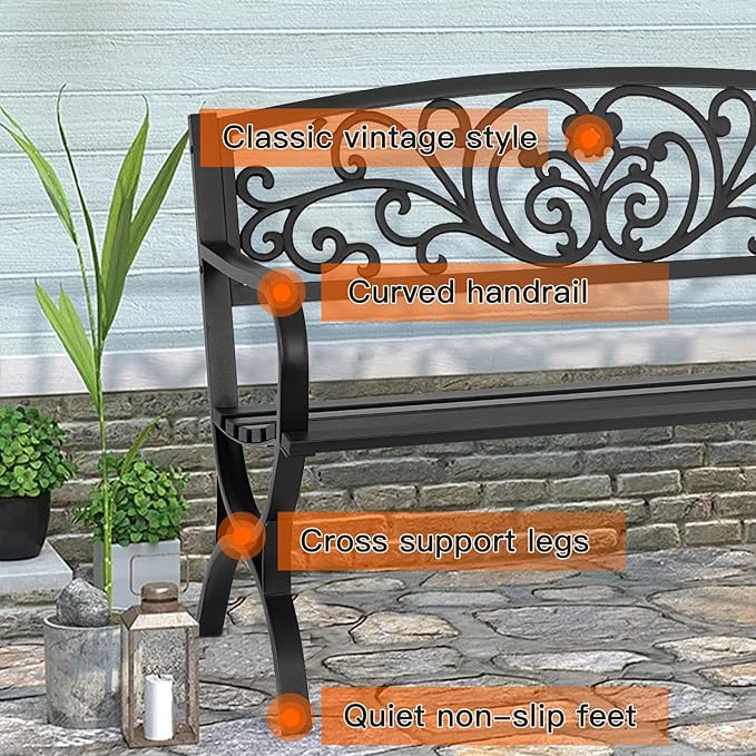 Patio Garden Bench 50 inch Outdoor Metal Loveseat Chairs with Armrests Slatted Seat and w/Floral Design Backrest for - Photo 6