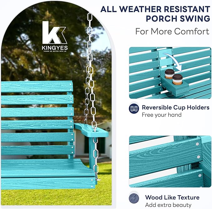 KINGYES Outdoor Hanging Patio Swing Set, 2 Seat Swing Chair with Cup Holders, Waterproof Bench for Courtyard & Garden - Photo 2