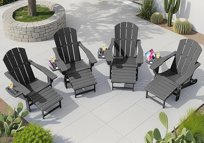 KINGYES Adjustable Folding Adirondack Chair with Footrest & 4-in-1 Multi-Functional Armrest Organizer Set of 4, HDPE Foldable Recliner Adirondack Chair with Pull-Out Ottoman, Grey