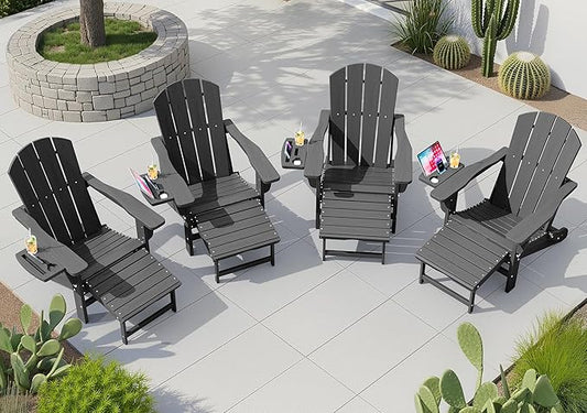 KINGYES Adjustable Folding Adirondack Chair with Footrest & 4-in-1 Multi-Functional Armrest Organizer Set of 4, HDPE Foldable Recliner Adirondack Chair with Pull-Out Ottoman, Grey