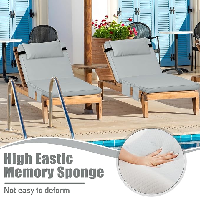 Tondiamo 2 Set Outdoor Chaise Lounge Cushions with Pillows and Storage, 72 x 21 x 3 Inch Outdoor Lounge Chair Seat Pads Outside Waterproof Chaise Cushion for Lawn Patio Furniture(Light Gray)