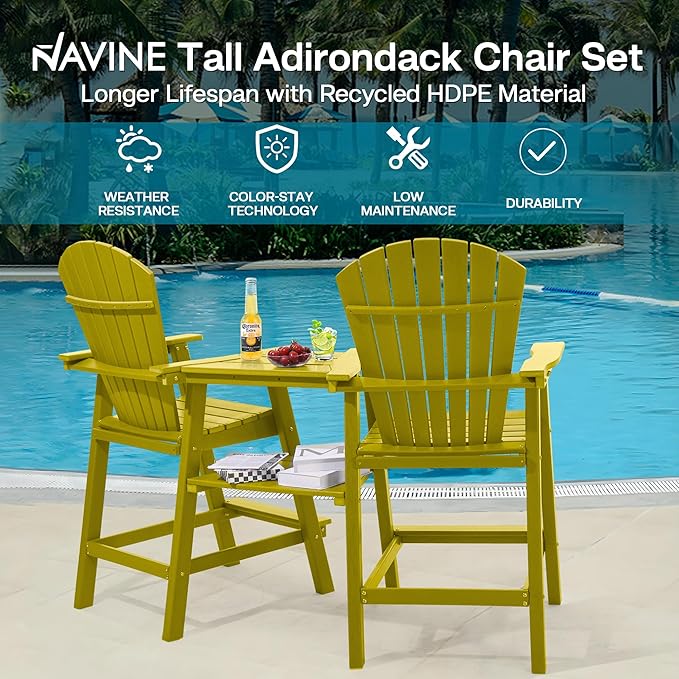 Tall Adirondack Chairs Set of 2, HDPE Balcony Chair with Double Connecting Tray, Weather Resistant Outdoor Adirondack Bar Stools for Patio, Deck, Patio, Backyard, Balcony. (Yellow)