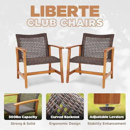 IDZO Liberte 500lbs Capacity Acacia Outdoor Club Chairs Set of 2, FSC Teak Finish Wood Patio Furniture Sets with Upgraded 2000Hours UV Resistant Wicker