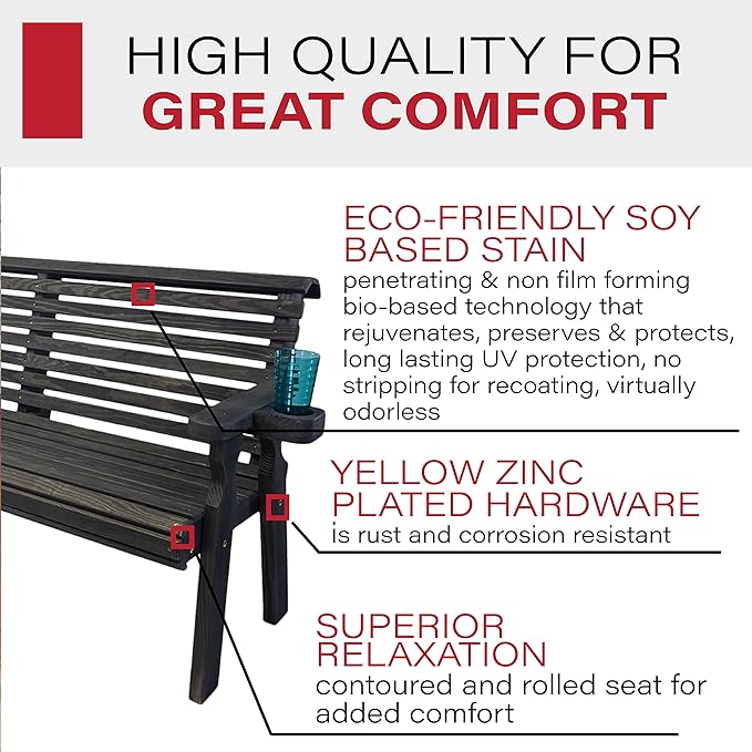 Amish Casual Heavy Duty Pressure Treated 5 Foot Outdoor Garden Bench with Cup Holders - Amish Crafted Roll Back Design in Black Stain, 700 Lb Weight Capacity